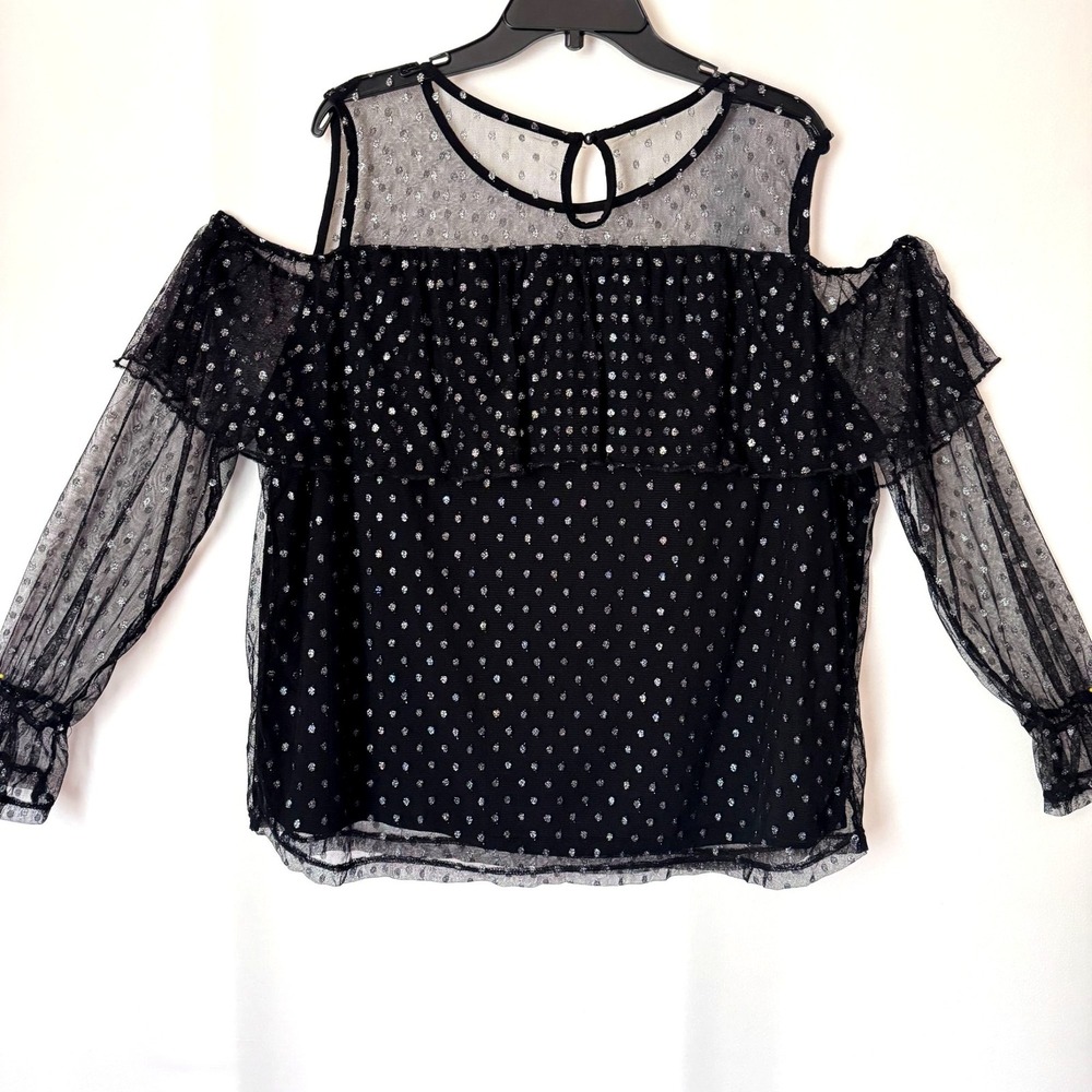 Boutique Cold Shoulder Polka Dot Top Women 2X Black Silver Ruffle